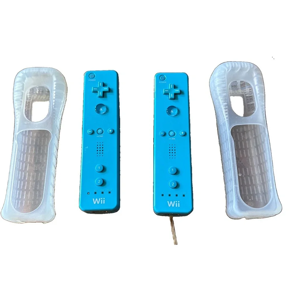 Lot of 2 Official Nintendo Wii Remote Controller W/ Grip Case Blue OEM Tested